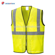 100% polyester maille respirante haute visibilité veste de sécurité réfléchissante gilet de sécurité avec crochet et boucle de fermeture et poches jaune